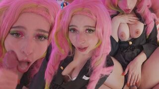 Mitsuri kanroji cosplayben kamázza a fasznak a lyukait és gigantikus arconlövellést kap